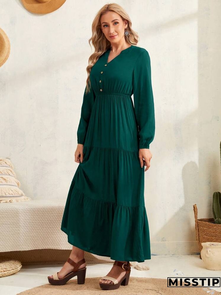 Lantern Sleeve Button Front Layered Ruffle Hem Dress