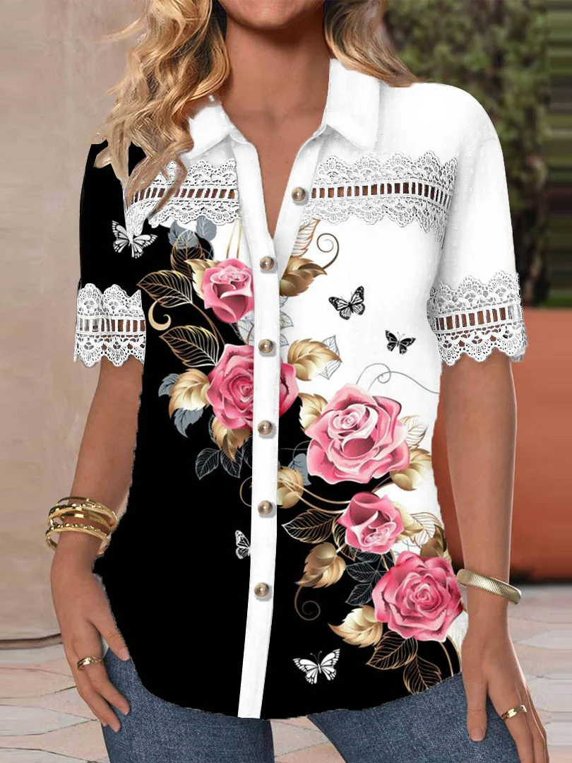 Women plus size clothing Women Short Sleeve V-neck Floral Printed Graphic Lace Hollow Stitching Button Tops-Nordswear