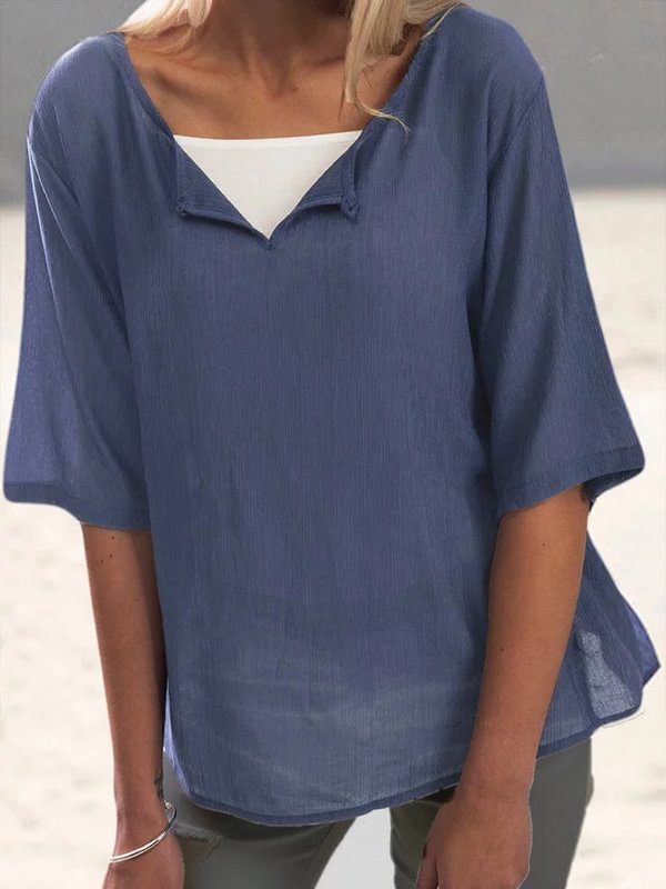 Women's Cotton Linen Blouse Casual Half Sleeve Solid Shirts & Tops