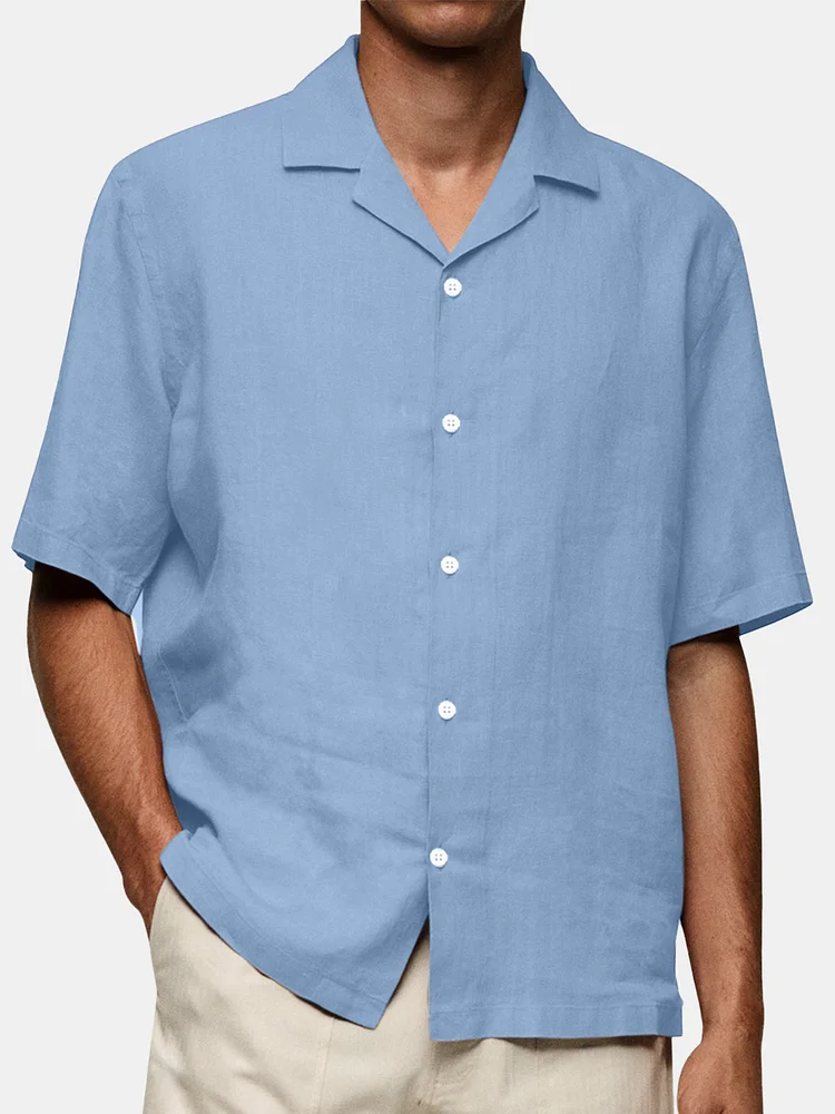 Men's Summer Comfortable Solid Color Cotton And Linen Cuban Collar Short-sleeved Shirt