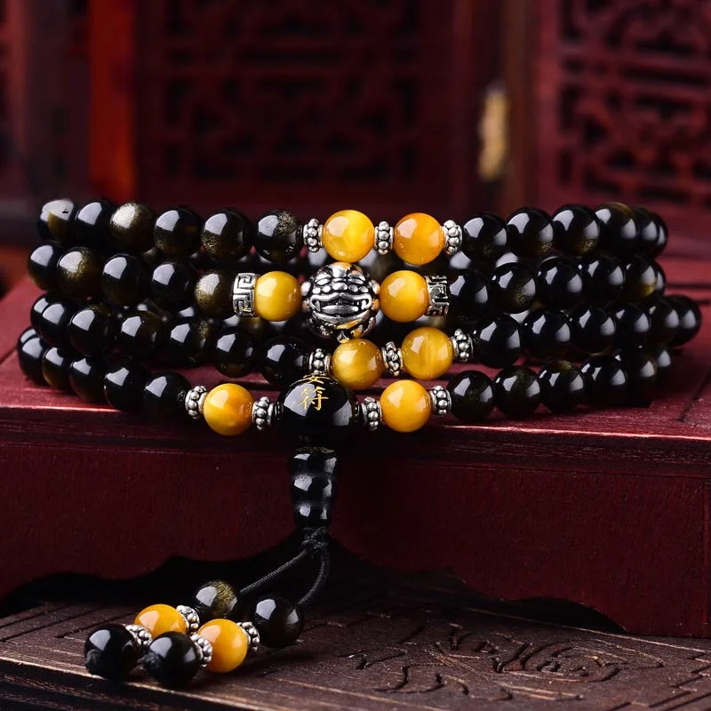 Black Obsidian Tiger Eye Lazurite 108 Beads Mala Necklace Bracelet