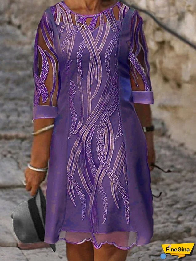 Plus Size Curve Casual Dress Shift Dress Solid Color Round Neck Lace 3/4 Length Sleeve Fall Spring Dress Work Casual Daily Midi Dress for Women