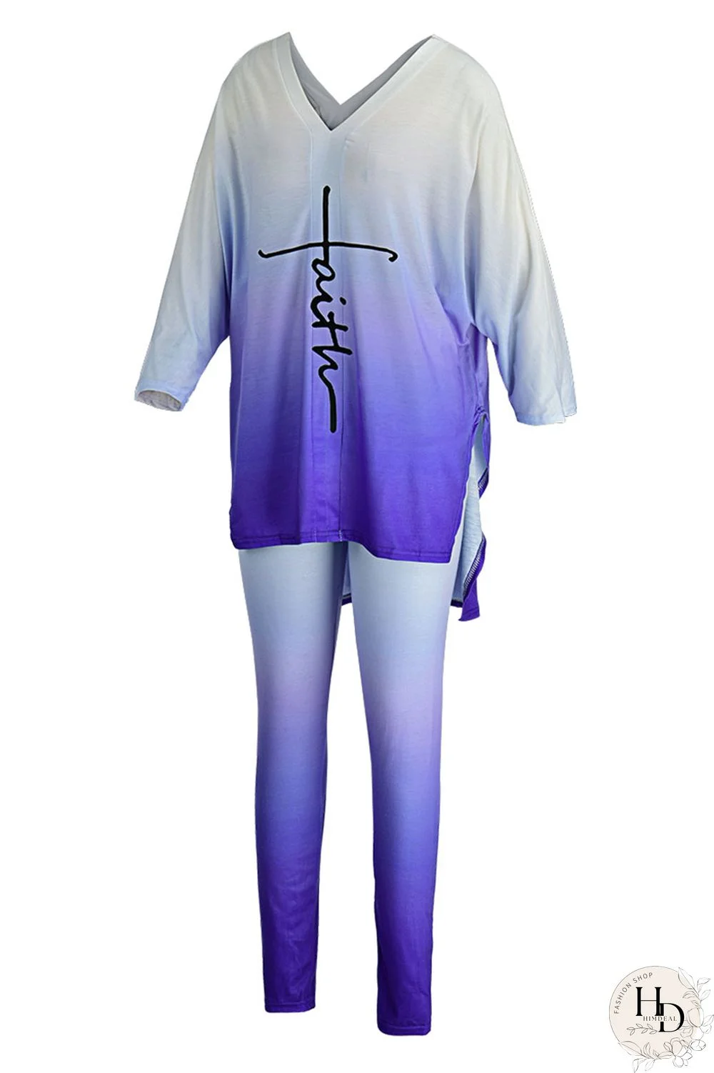 Blue Casual Gradual Change Print Patchwork Slit V Neck Half Sleeve Two Pieces