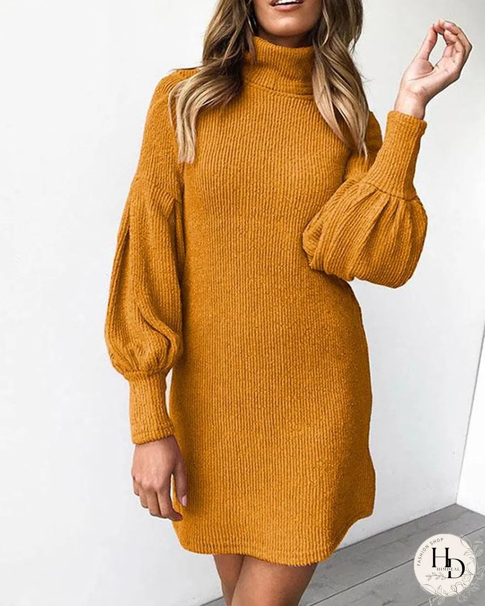 Pure Color Lantern Sleeve High Neck Rib Mini Dress