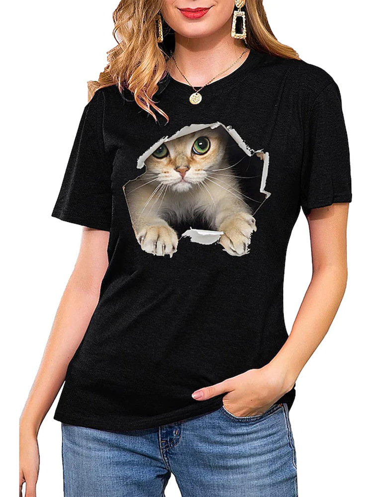  thdmladies Shy Cat Pullover Loose Short Sleeve T-Shirt Top thedmladies