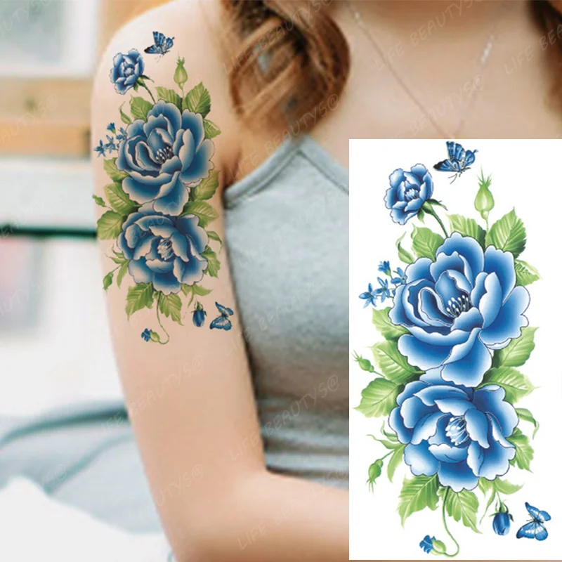 Sdrawing Transfer Pink Henna Rose Flower Temporary Tattoo Sticker Butterfly Pattern Body Art Waterproof Fake Woman's Flash Tattoo