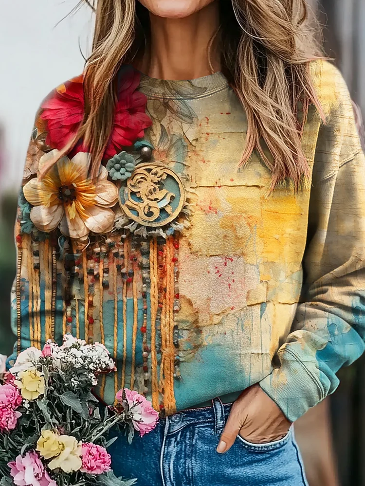 Women's Vintage Floral Collage Print Casual Crew Neck Sweatshirt
