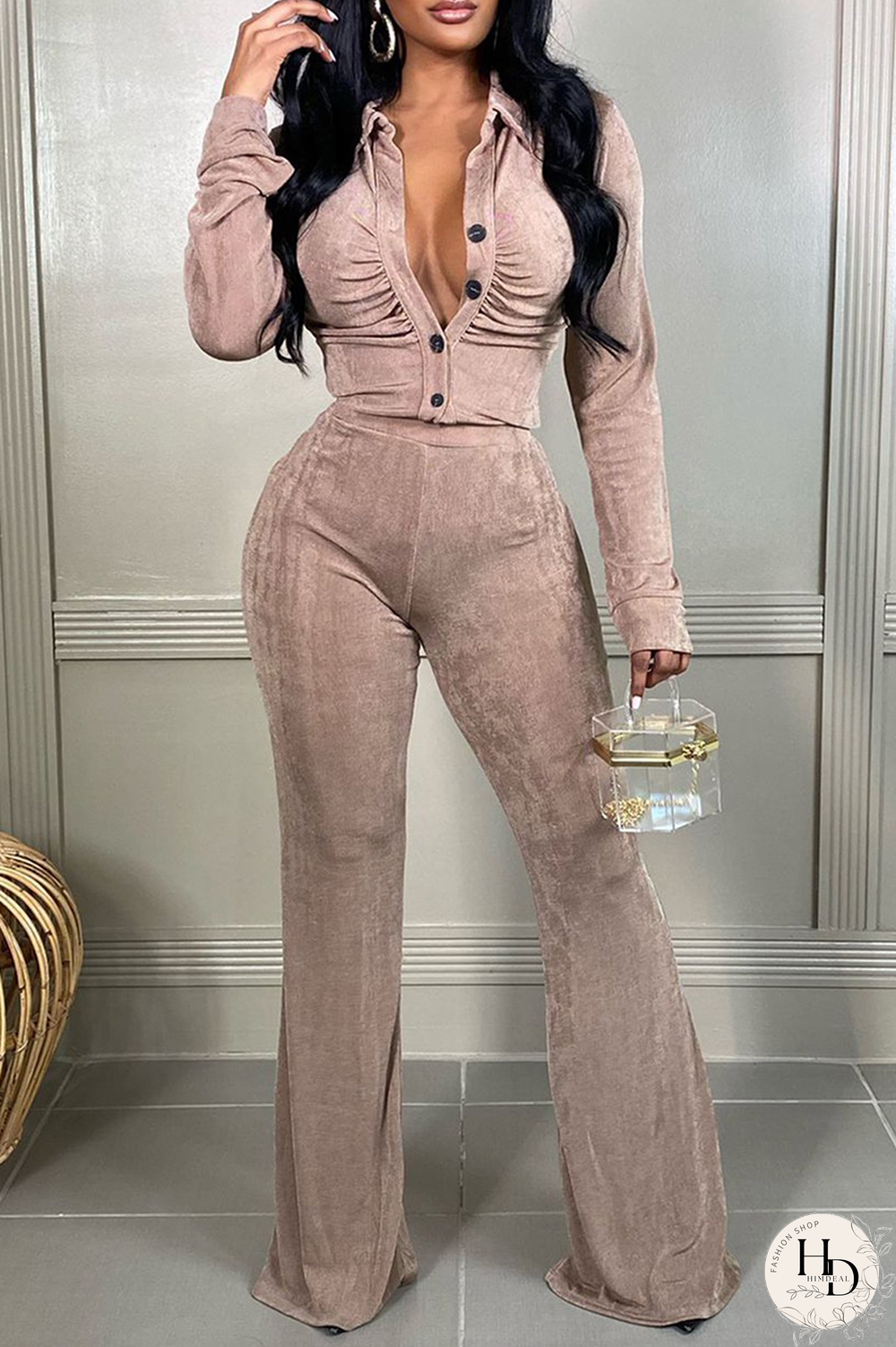 Khaki Sexy Solid Split Joint Turndown Collar Long Sleeve Two Pieces