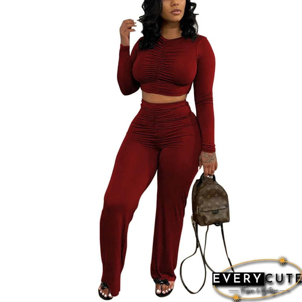 Wine Red Pleated Long Sleeve Top with Pant Set