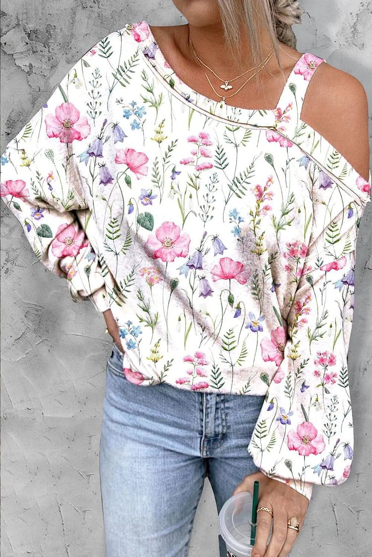 Spring Floral Graphic Asymmetrical Neck Shift Casual Top