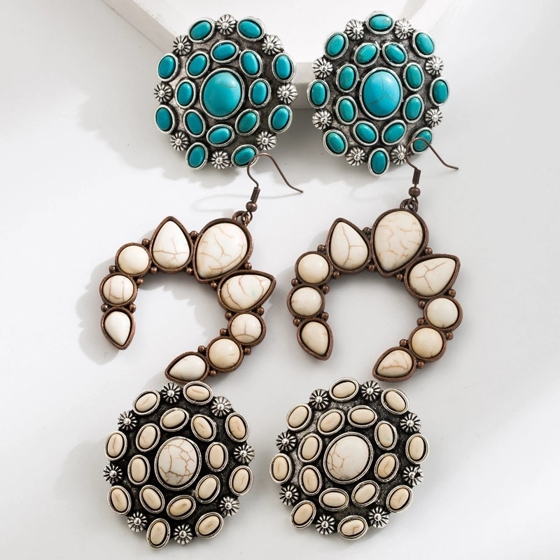 1 Pair Casual Vacation Geometric Round Inlay 304 Stainless Steel Turquoise Silver Plated Drop Earrings