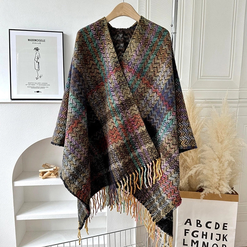 Yunnan Lijiang Travel Outside Knitted Shawl Ethnic Style Vintage Cape Cloak Tassel Scarf For Vacation Wear