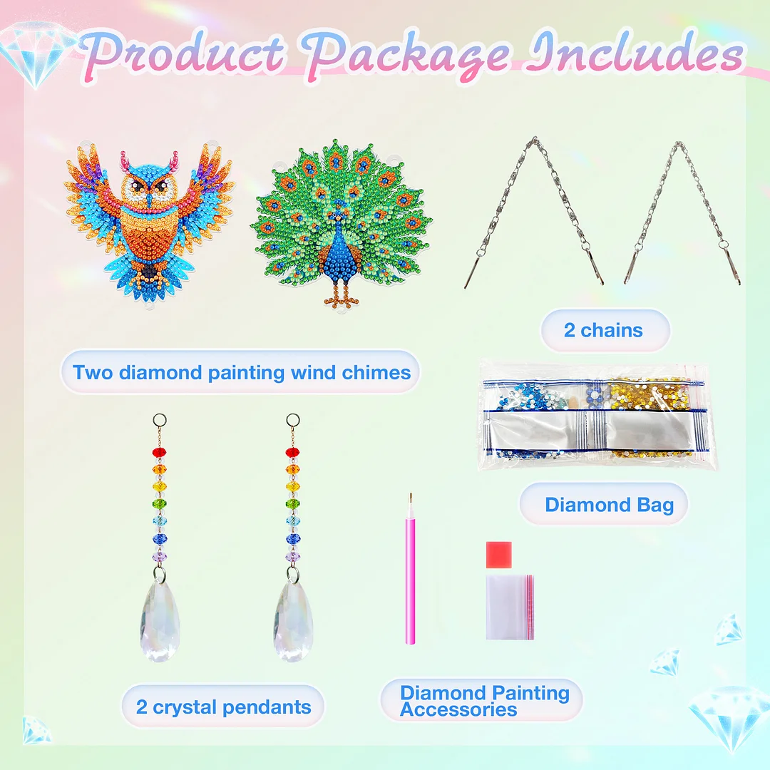 2Pcs Owl Peacock DIY Double-Sided Diamond Painting Hanging Kits Diamond Painting Suncatcher Craft Kit for Home Garden Wall Decor Gift