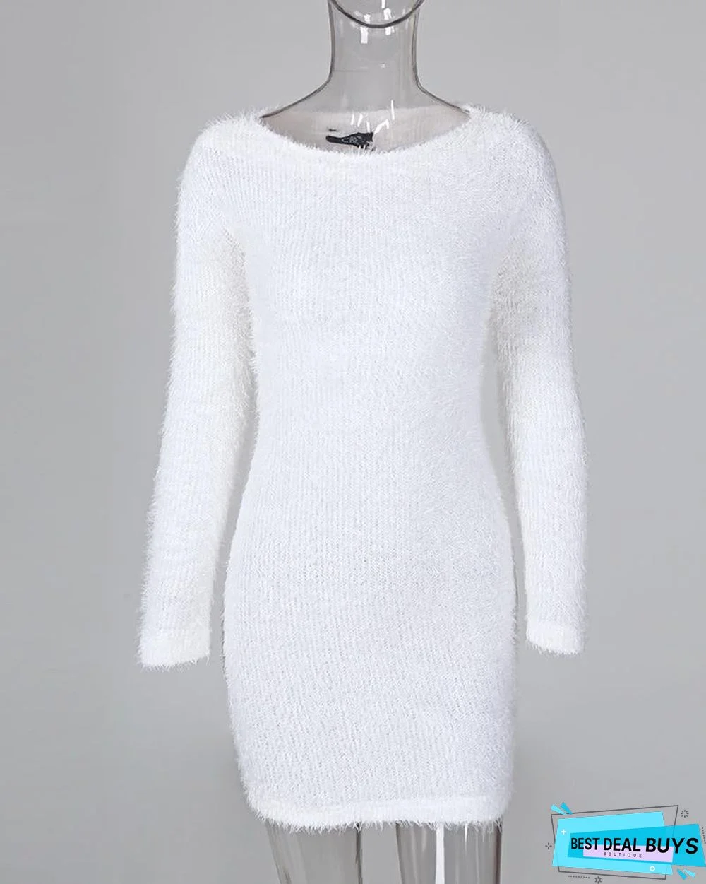 Fluffy Solid Long Sleeve Bodycon Dress