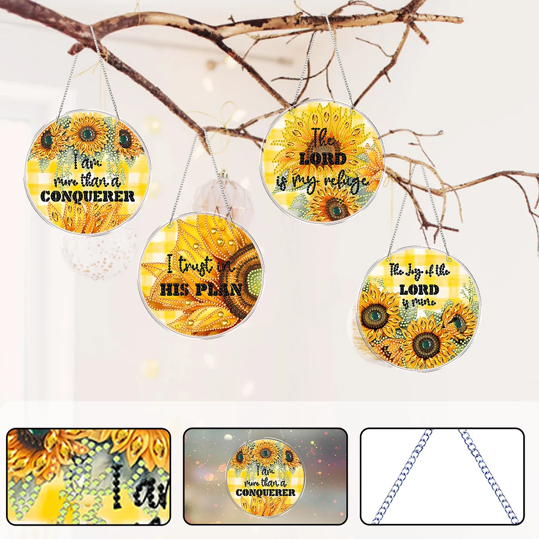 4pcs Sunflower Text DIY 2D Flat Acrylic Diamond Painting Kit Diamond Art Pendant