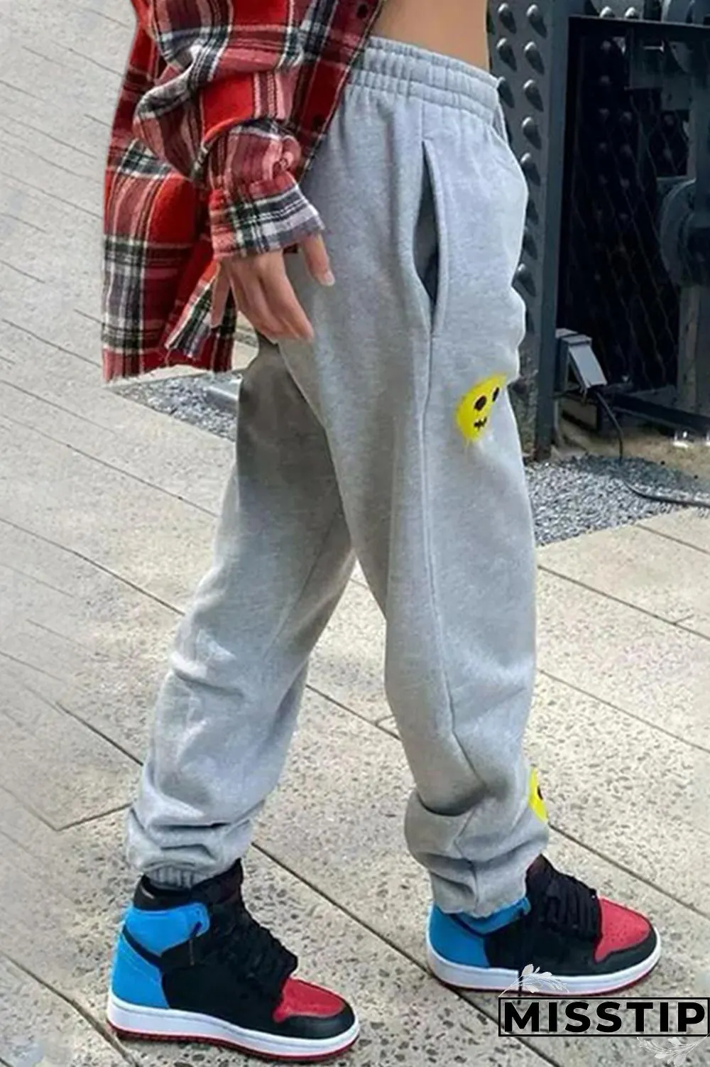 Grey Fashion Casual Print Basic Regular Mid Waist Trousers