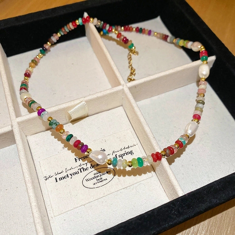 Natural Stone Freshwater Pearl Minimalist Beaded Geometric Necklace