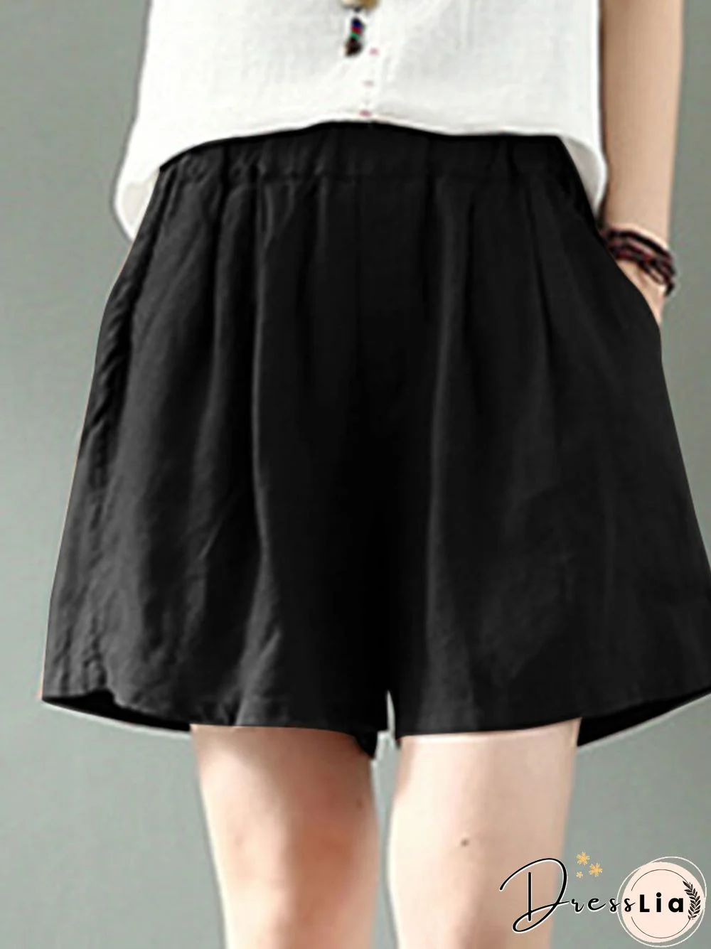 Cotton Solid Pocket Elastic Waist Casual Shorts