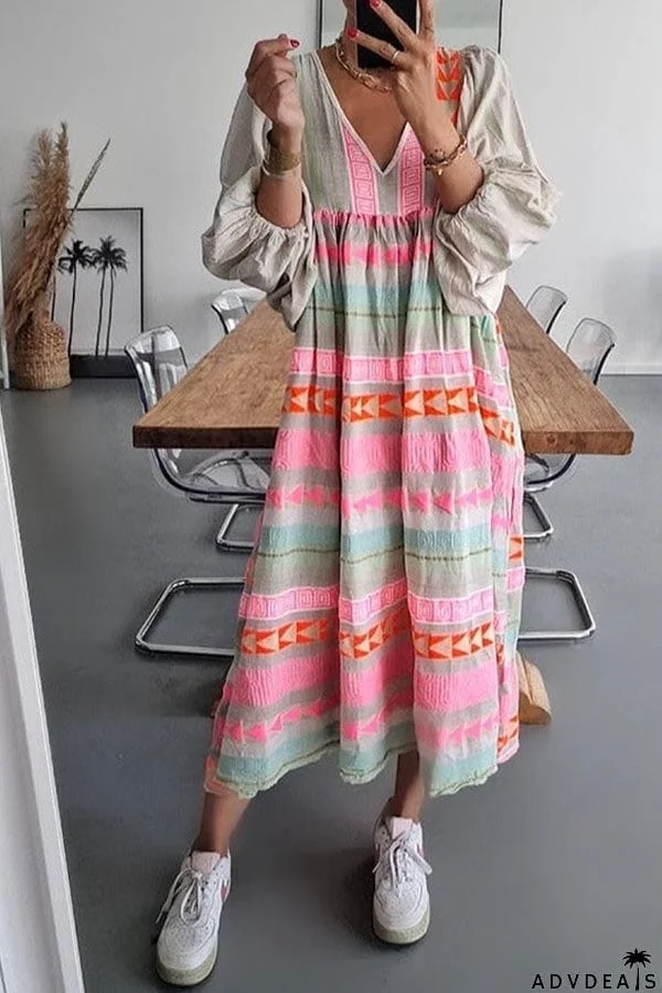 Pink Greek Key and Orange Chain Striped Print Midi Dress