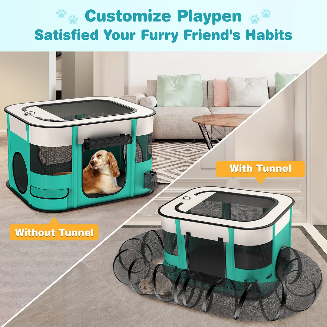 BEBANG Pet Playpen，Pet Pen with Crawling Tunnel- Portable Pet Enclosure for Dogs, Cats, Other Small Animals Travel Camping Use
