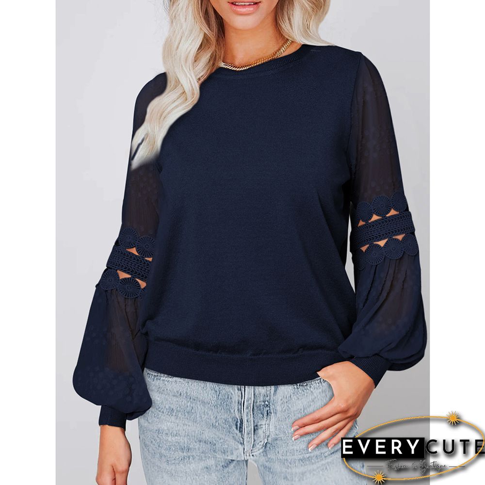Navy Blue Splicing Hollow-out Lantern Sleeve Tops