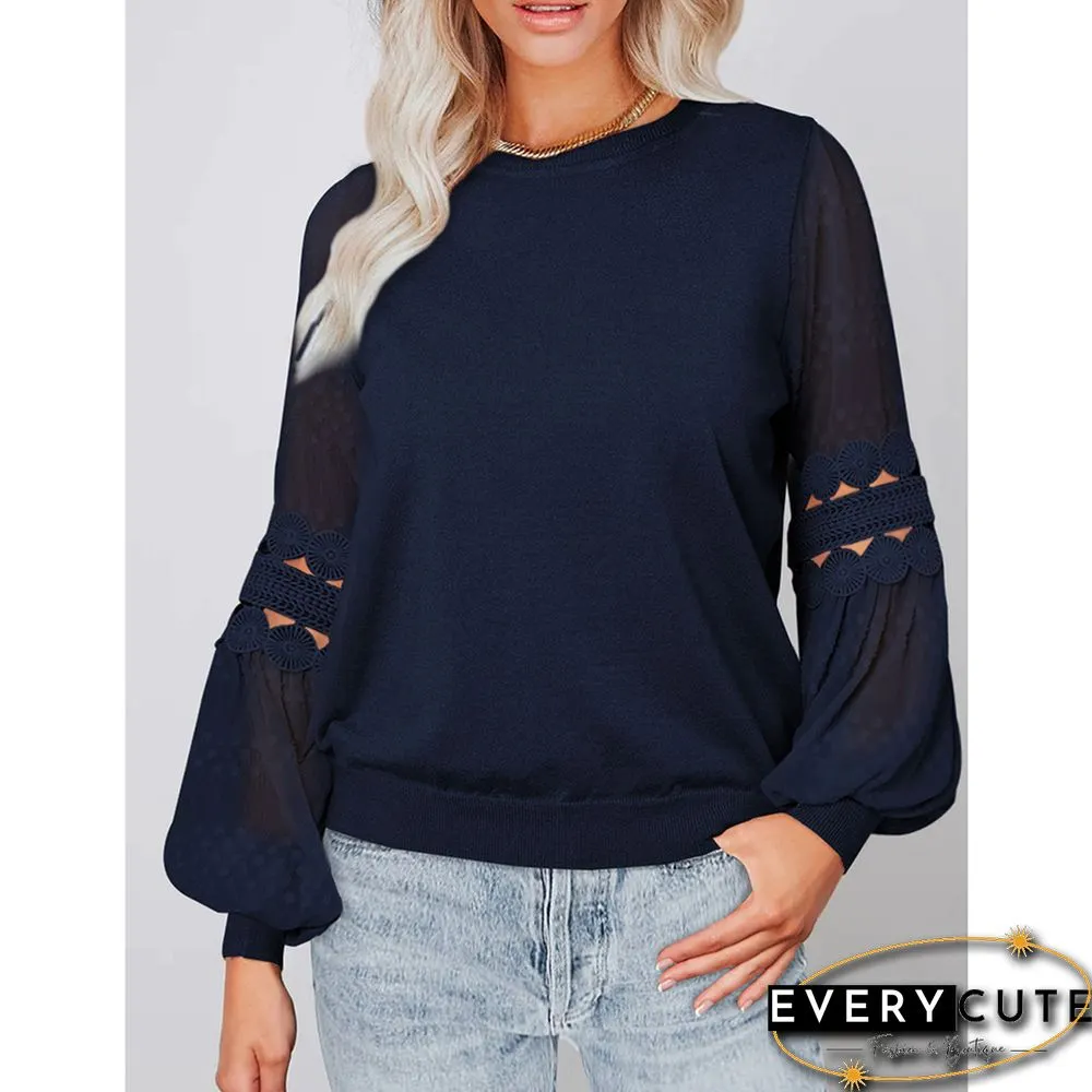 Navy Blue Splicing Hollow-out Lantern Sleeve Tops