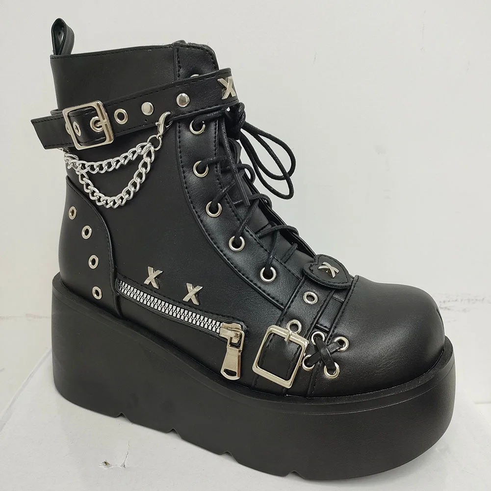 Canrulo Boots For Women Girls Y2k Rivet Zipper Deisgn Fashion Round Toe Boots Cute Cosply Wedges Shoes 2022 New Goth Gothic