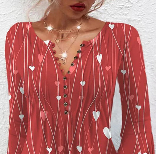Women Long Sleeve V-neck Heart Printed Stitching Tops