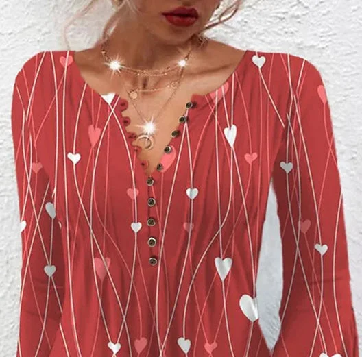 Women Long Sleeve V-neck Heart Printed Stitching Tops
