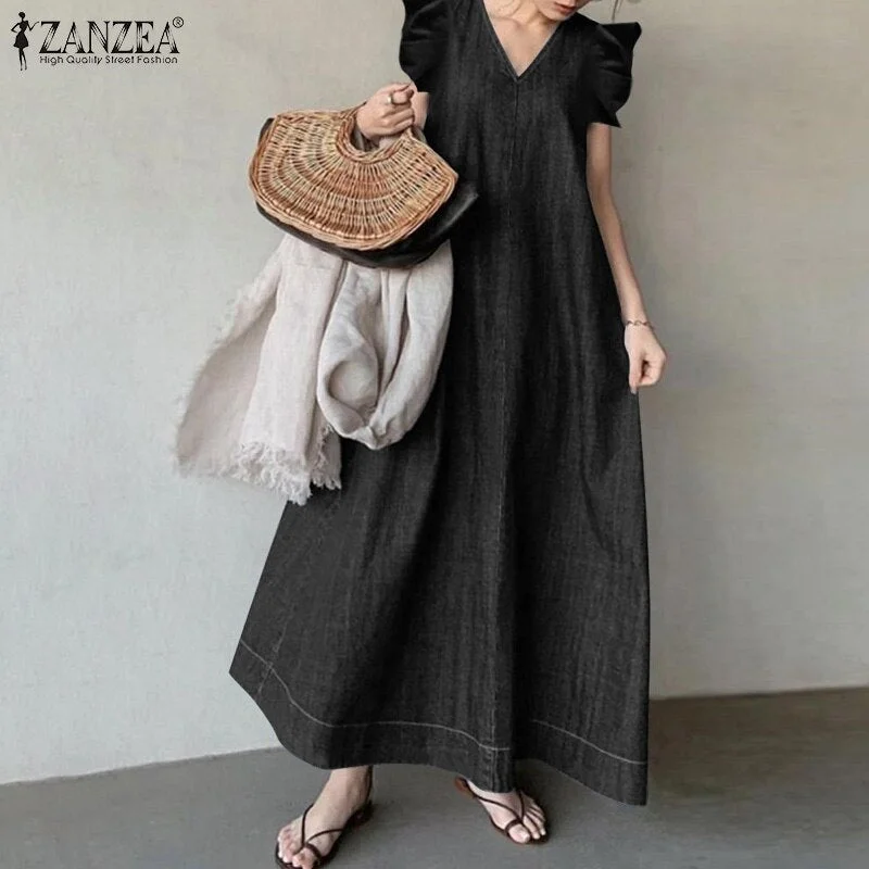 Vintage Women Denim Blue Dress 2022 Summer Ruffle Sleeveless Maxi Dresses ZANZEA Casual Solid A-line V-neck Oversized Sundress 7