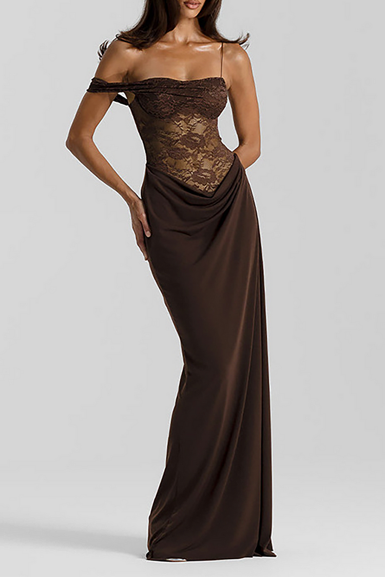 Lace Patchwork One Shoulder Slim Fit Ruched Maxi Dresses-Brown