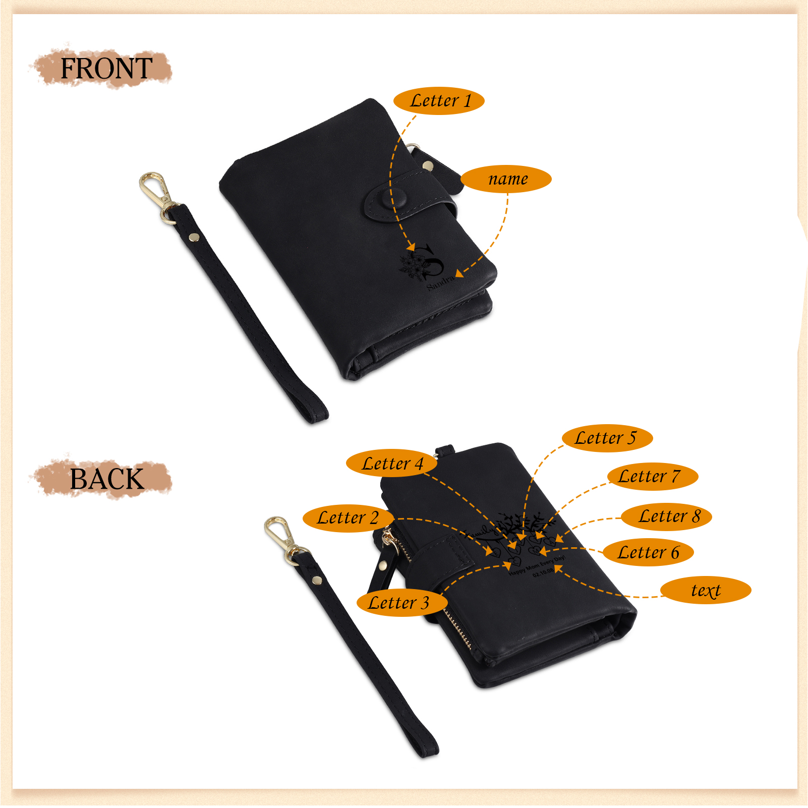 Portafoglio in PU pelle albero di vita con 8 letetre & 1 testo & 1 nome personalizzati per mamma/nonna