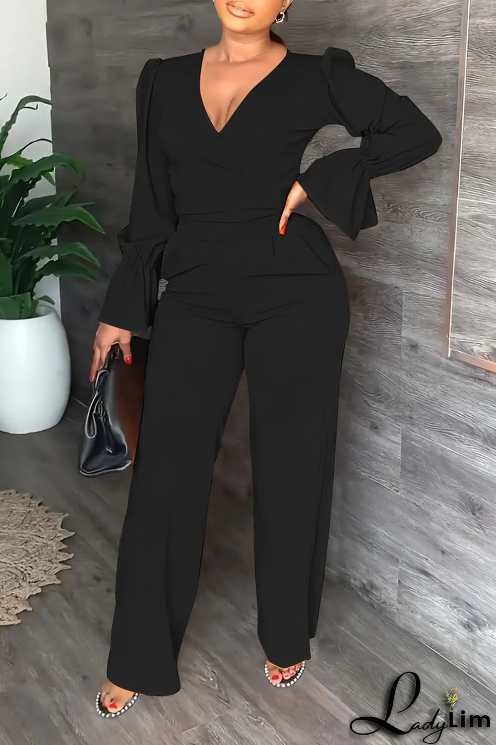 Tangerine Casual Solid Patchwork V Neck Long Sleeve Two Pieces