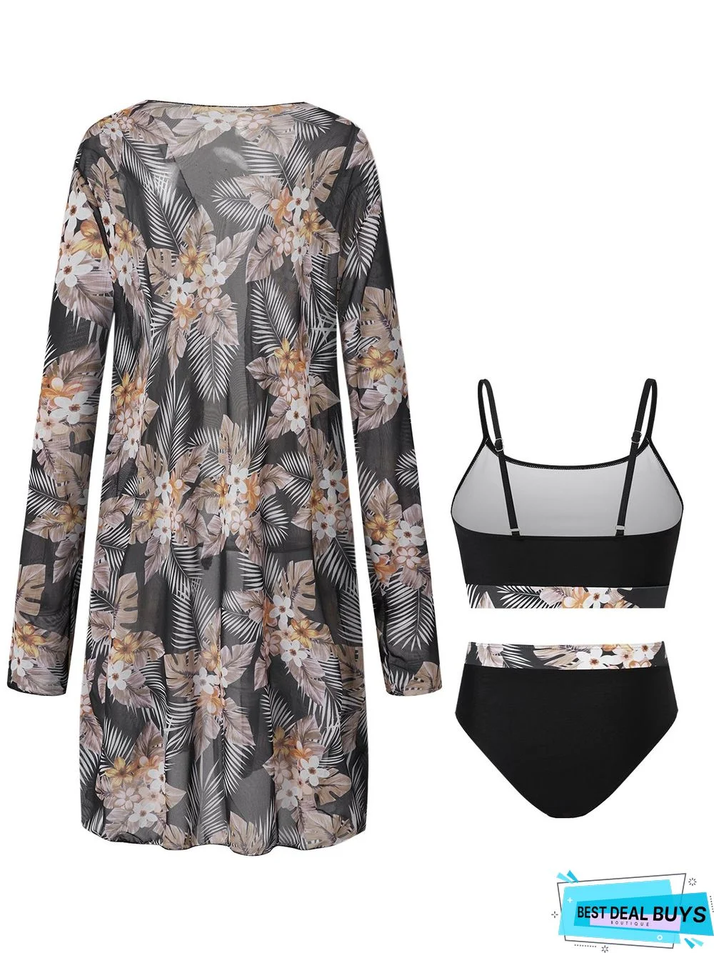 Elegant Plants Printing Scoop Neck Bikinis set Three-Piece Set