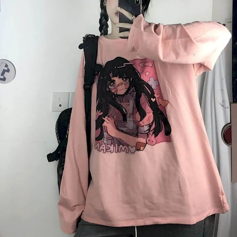Japan Sweet Tshirt Women T Shirt Harajuku Bf Retro Tops Girl Anime Printing Loose Long-sleeved T-shirt Female Student Top