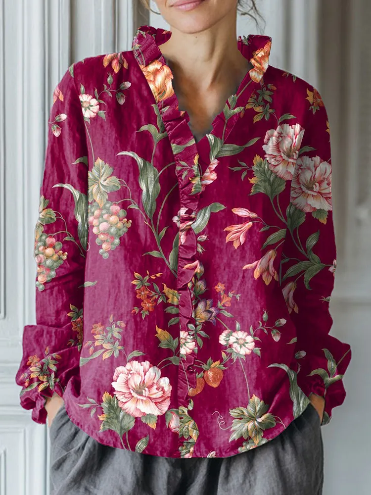 Women's Vintage Flower Art Print Casual Cotton And Linen Ruffle Shirt