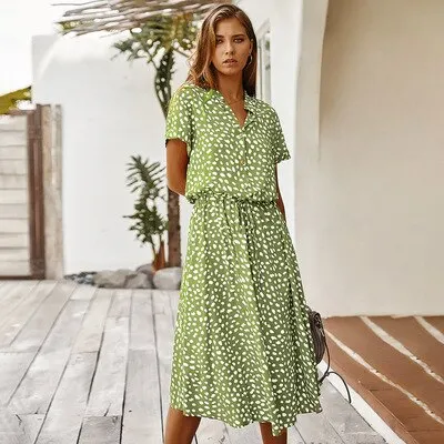 Women's Dress Midi Dress Female Elegant Bohemia Vestido Beach Party Outfit Dress Za Vintage Polka Dot V Neck Short Sleeve Autumn