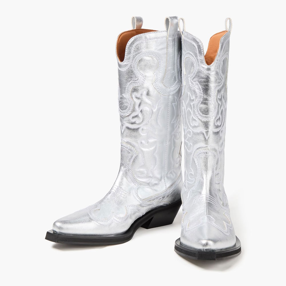 Metallic Silver Embroidered Mid Calf Cowgirl Boots for Women Nicepairs