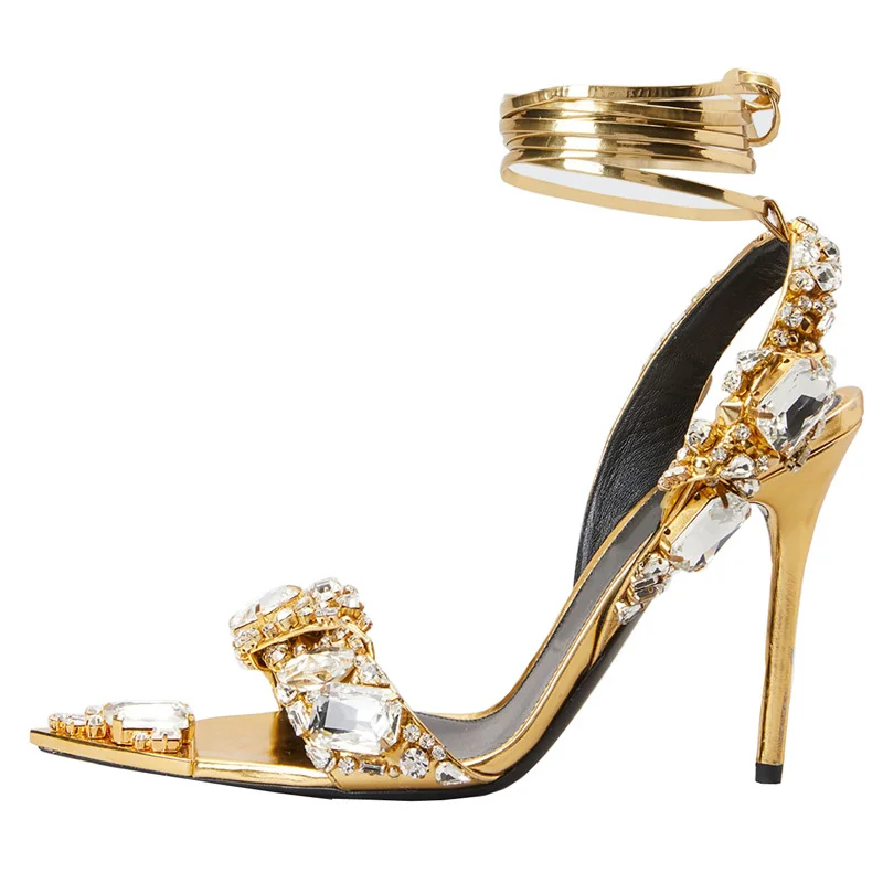 Women's Pointed Rhinestone Fashion Banquet Prom Party Wedding Sandals Roman Lace-up Stiletto Women's Shoes Novameme