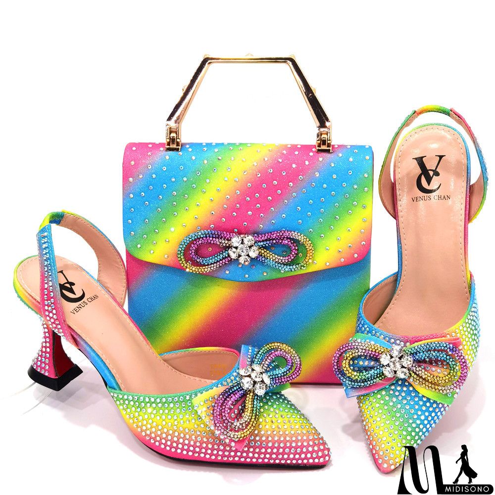 MidiSono - Women Fashion Pointed Toe Rhinestone High Heel Sandals With Evening Bag Set