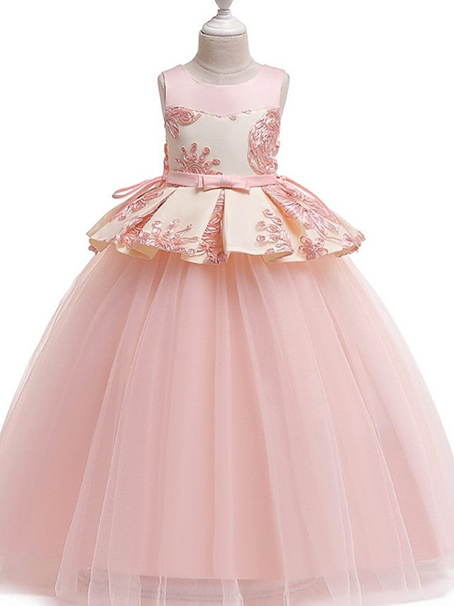 Oknass Princess Round Floor Length Cotton Junior Flower Girl Dress With Bow Appliques