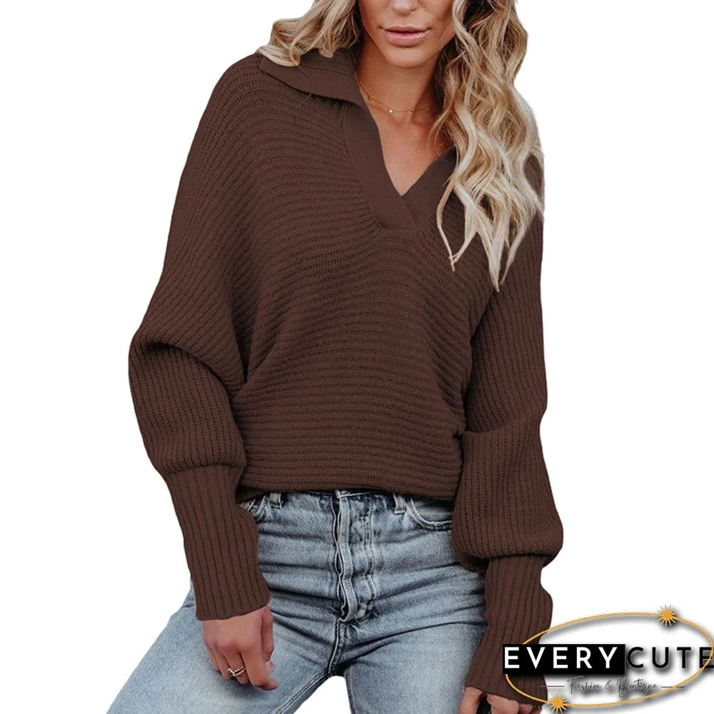 Coffee Lapel Collar Long Pullover Loose Sweater