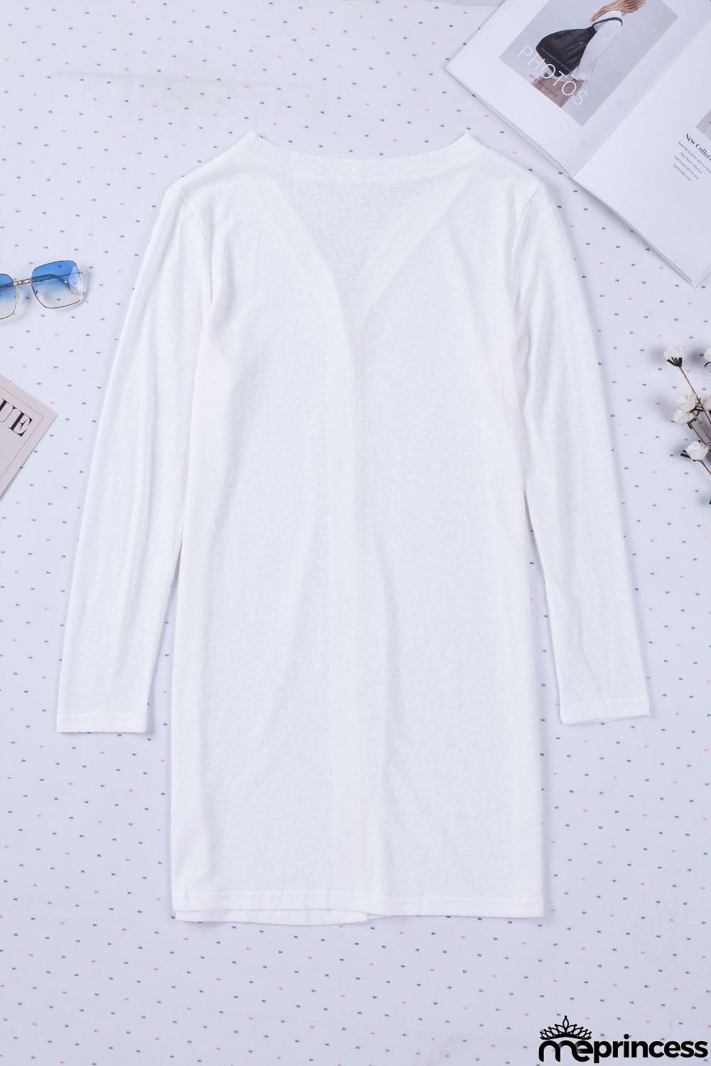 Solid Color Open-Front Buttons White Cardigan
