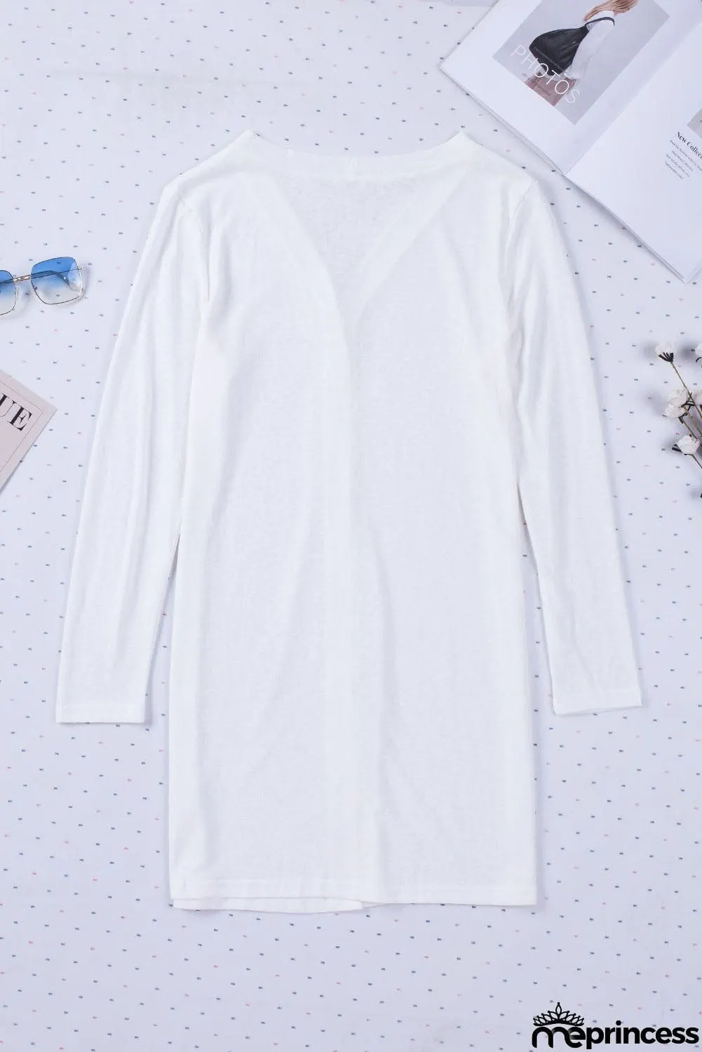 Solid Color Open-Front Buttons White Cardigan
