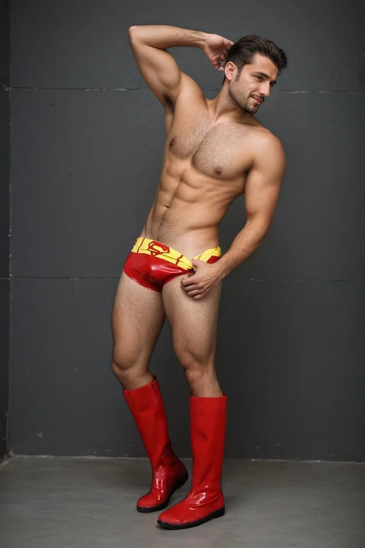 Men Red Yellow Latex Briefs Superhero
