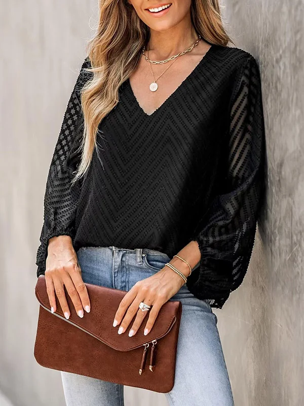 Jacquard Pleated See-Through Split-Joint Loose Puff Sleeves V-neck T-shirts