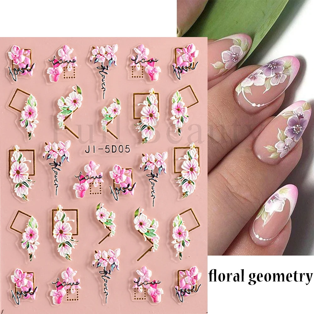 Churchf Nail Stickers Flowers Geometric Lines Decor Acrylic Embossed Sliders Gold Frame Nail Decals Cherry Blossom Manicure GLJI-5D05-Nail Inspo