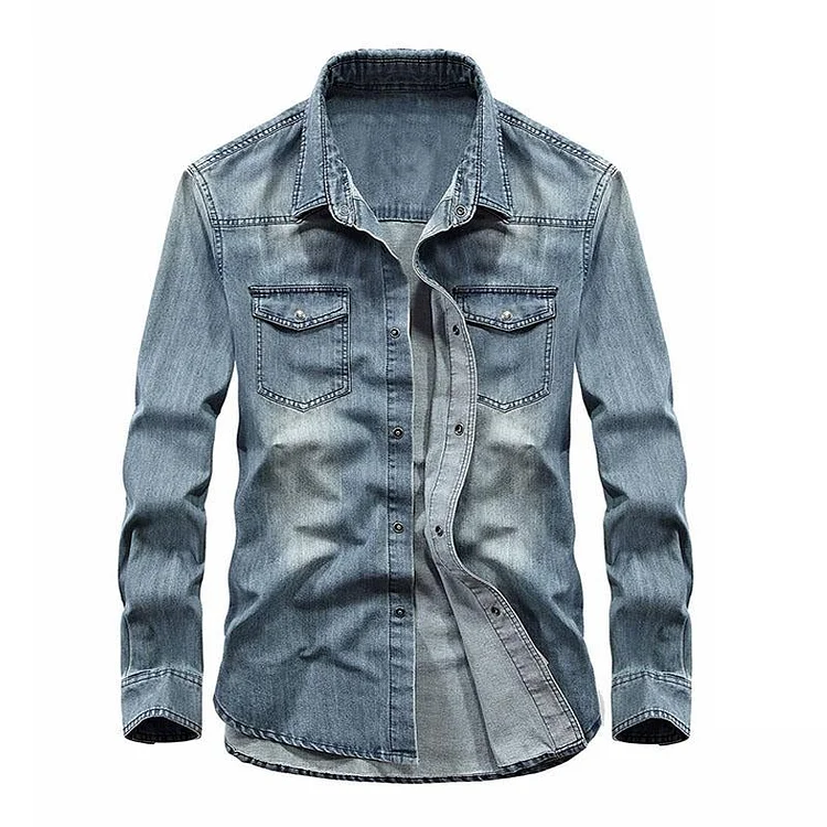 Men's Casual Lapel Cotton Long Sleeve Denim Shirt