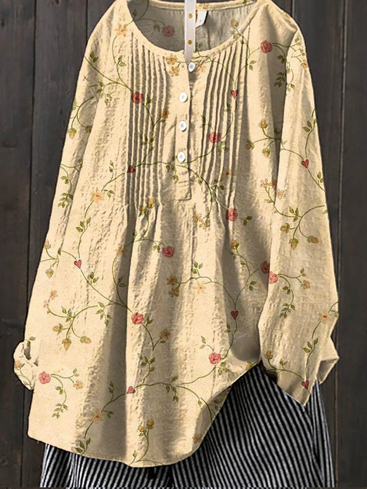 Women's Vintage Floral Art Print Casual Cotton And Linen Shirt