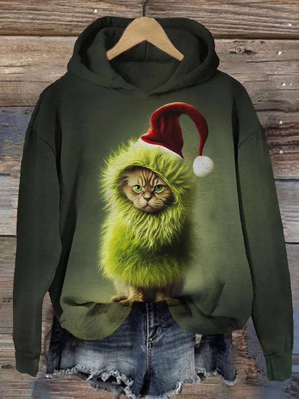 Women's Christmas Fluffy Cat With Hat Print Gradient Hoodie